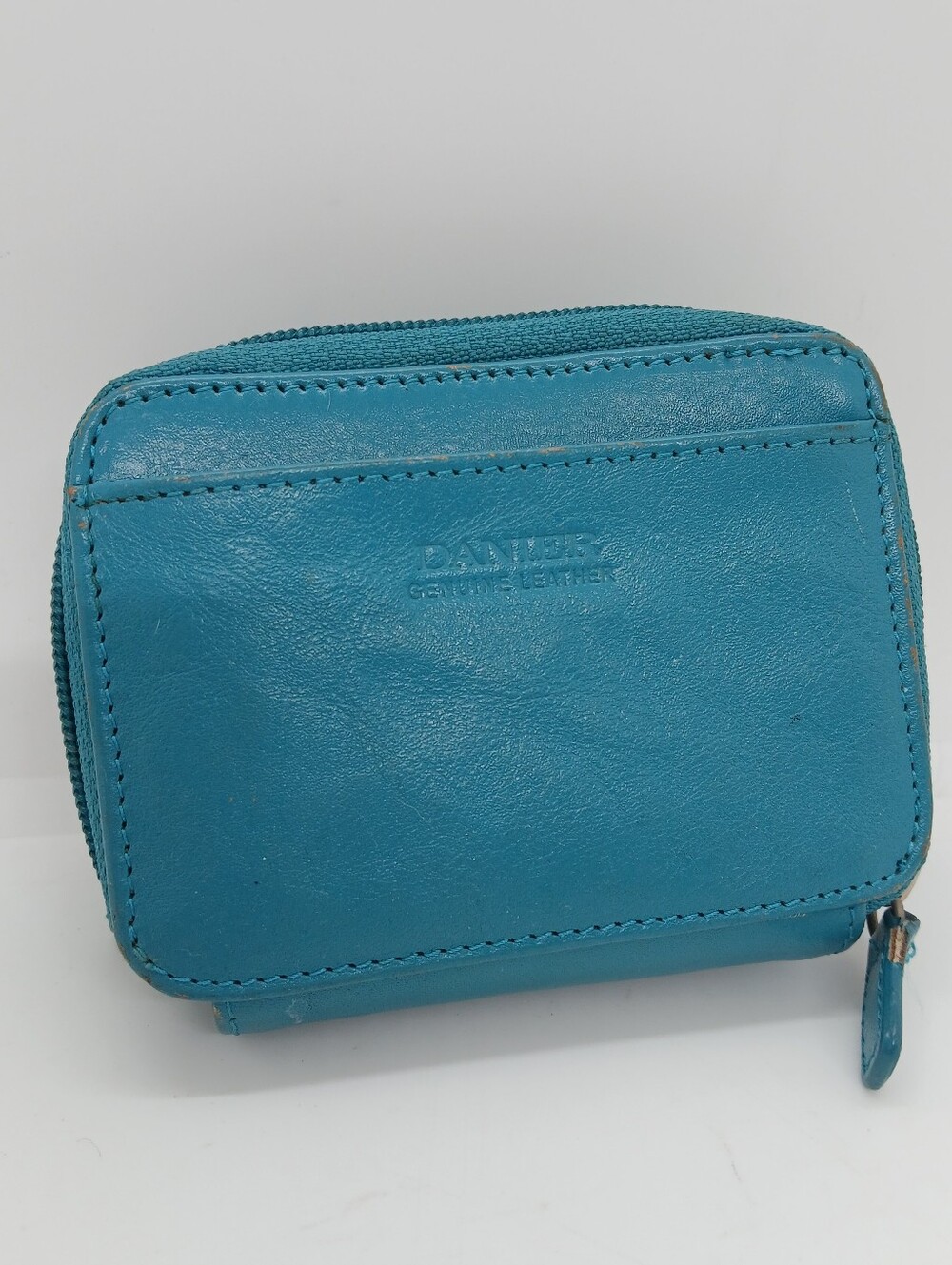 Danier Teal Blue Genuine Leather Zip Around Accordion Wallet Mini Crossbody
